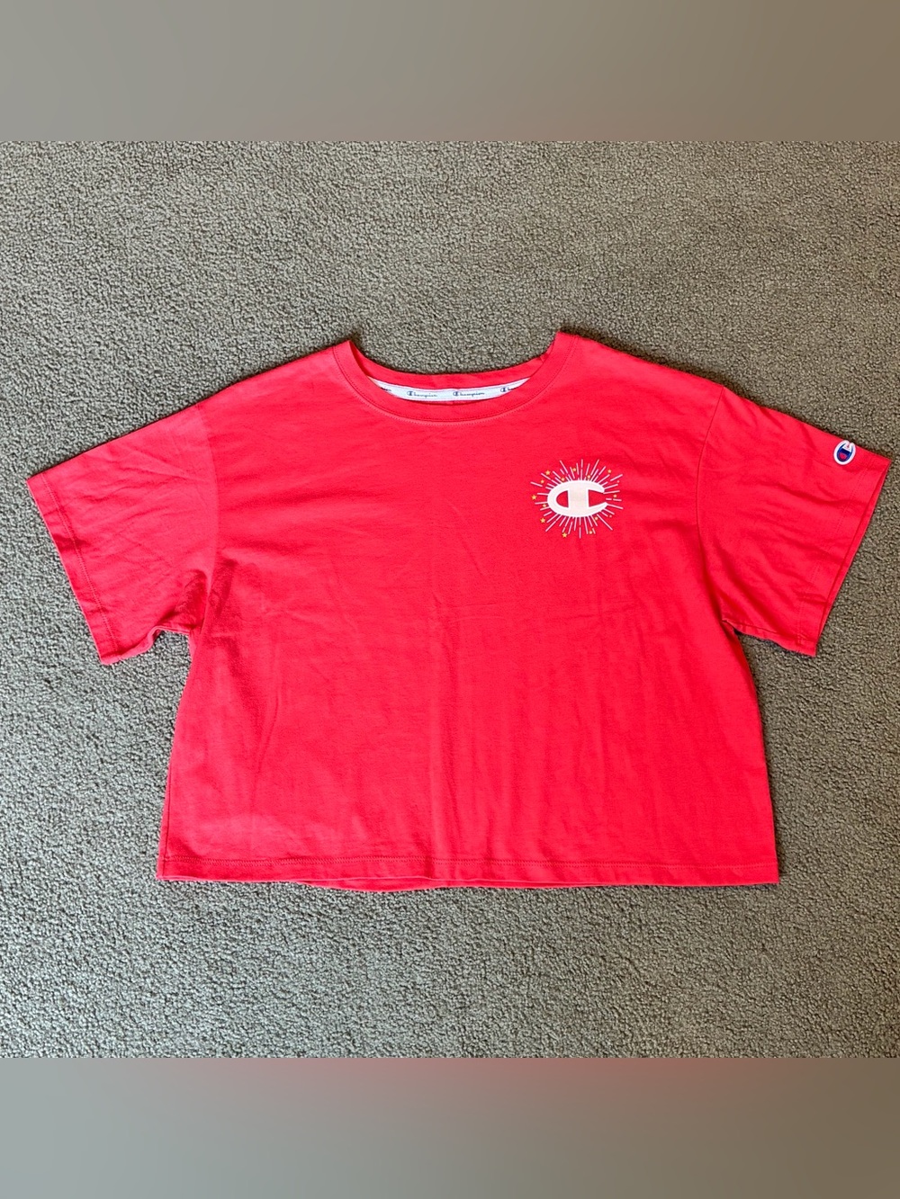 Champion Red Coral Crop Top Athletic Tee Shirt Womens L White Sunburst Logo NWOT